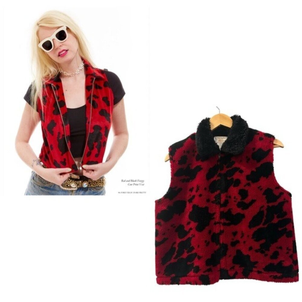 90s Tally-Ho Red Black Cow Print Vest Faux Fur Collar Y2K Retro Medium Petite